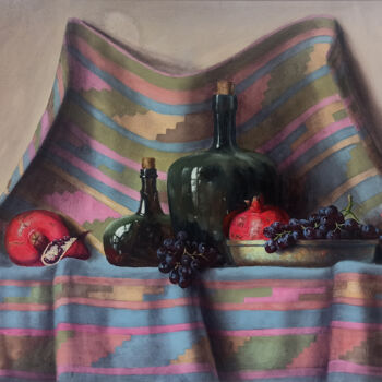 Painting titled "STILL LIFE WITH POM…" by Arayik Muradyan, Original Artwork, Oil Mounted on Wood Stretcher frame