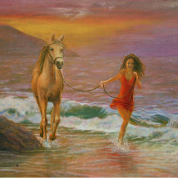 Картина под названием "Бегущие по волнам." - Табачковская, Подлинное произведение искусства, Масло