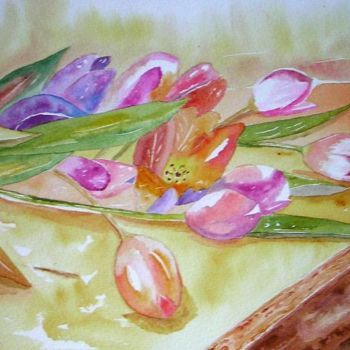 Painting titled "tulipes sur la table" by Arc En Ciel De Marie, Original Artwork, Oil