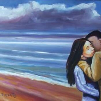 Painting titled "Hug in the beach. A…" by A. R. Dosantos, Original Artwork, Oil