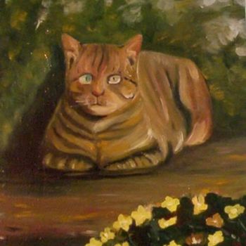 Painting titled "cat with yellow flo…" by A. R. Dosantos, Original Artwork