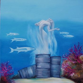 Pintura intitulada "La mort dans l'océan" por Alix, Obras de arte originais, Óleo