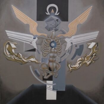 Painting titled "Ángel del Eterno Re…" by Arfaxad, Original Artwork, Oil Mounted on Wood Stretcher frame