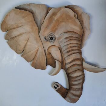 Collages titled "Éléphant en bois" by Marina Argentini, Original Artwork, Collages Mounted on Wood Panel