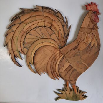 Collages titled "Coq en bois" by Marina Argentini, Original Artwork, Collages Mounted on Wood Panel