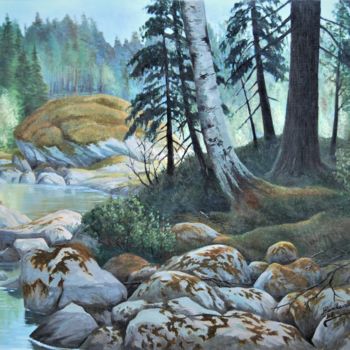 「Sammaleisia kiviä」というタイトルの絵画 Ari Reinikainenによって, オリジナルのアートワーク, オイル ウッドパネルにマウント