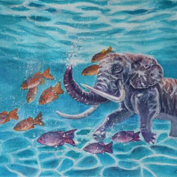 Schilderij getiteld "Schwimmender Elefant" door Aria Artis, Origineel Kunstwerk, Aquarel