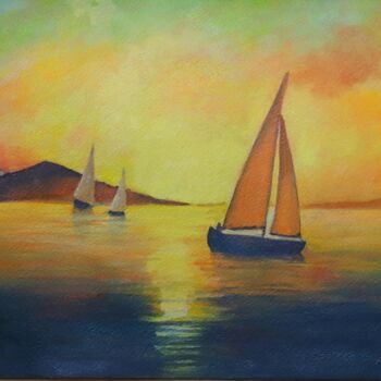 Painting titled "Boote im Sonnenunte…" by Aria Artis, Original Artwork, Watercolor