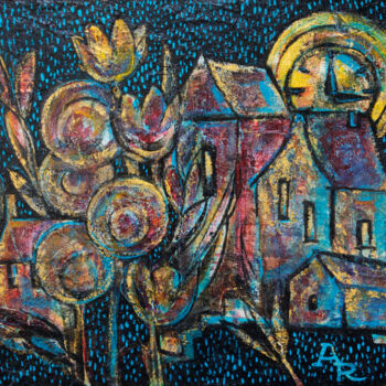 Painting titled "Golden Town" by Ariadna De Raadt, Original Artwork, Acrylic Mounted on Wood Stretcher frame