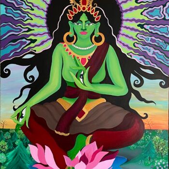 Картина под названием "Green Tara" - Ariadna Maslowska, Подлинное произведение искусства, Акрил Установлен на Деревянная рам…