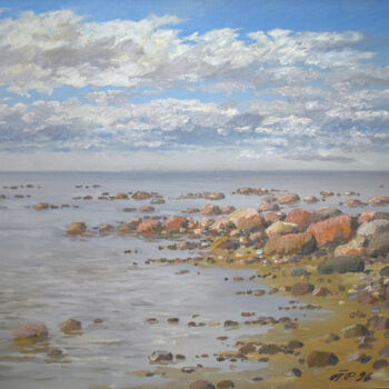 Painting titled "Seaside beach" by Arija Paikule, Original Artwork, Oil Mounted on Wood Panel
