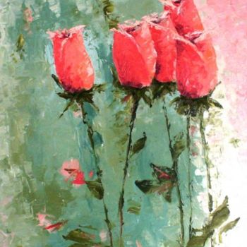 Painting titled "FIVE PINK ROSES" by Arimas, Original Artwork
