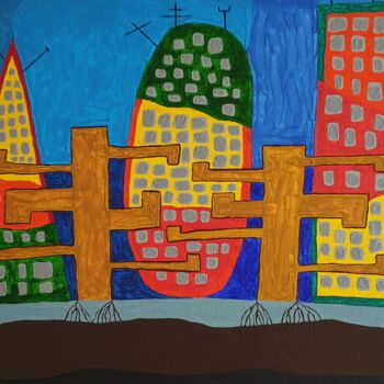 Painting titled "Autumn in the city" by Arina Mari, Original Artwork, Acrylic Mounted on Cardboard