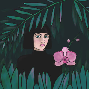 Prenten & gravures getiteld "Girl and an Orchid" door Arina Qqshkina, Origineel Kunstwerk, Digitaal Schilderwerk