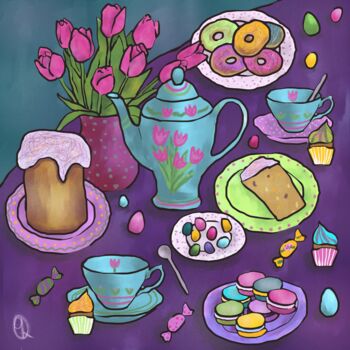 Gravures & estampes intitulée "Spring tea" par Arina Qqshkina, Œuvre d'art originale, Peinture numérique