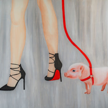 Painting titled "Walking Mini Pig, A…" by Arina Yastrebova, Original Artwork, Oil Mounted on Wood Stretcher frame