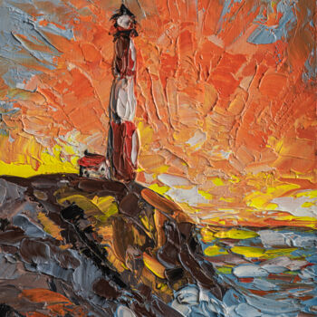 Painting titled "Sunset Lighthouse C…" by Arina Yastrebova, Original Artwork, Oil Mounted on Cardboard