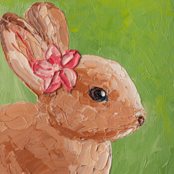 Painting titled "Brown Bunny Baby, R…" by Arina Yastrebova, Original Artwork, Oil Mounted on Cardboard