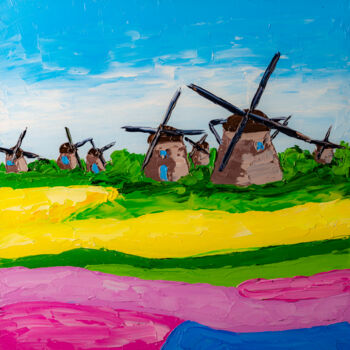 Картина под названием "Tulip Fields and Wi…" - Arina Yastrebova, Подлинное произведение искусства, Масло Установлен на картон