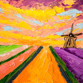 Painting titled "Tulip Field Sunset…" by Arina Yastrebova, Original Artwork, Oil Mounted on Cardboard