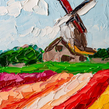 제목이 "Tulip Field Windmil…"인 미술작품 Arina Yastrebova로, 원작, 기름 판지에 장착됨