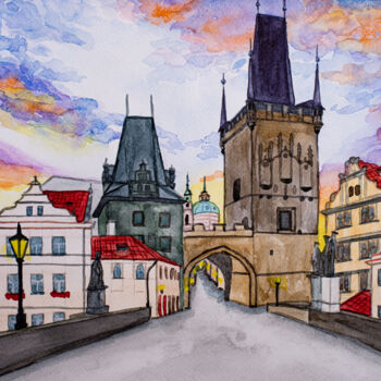 Painting titled "Prague Cityscape Su…" by Arina Yastrebova, Original Artwork, Watercolor