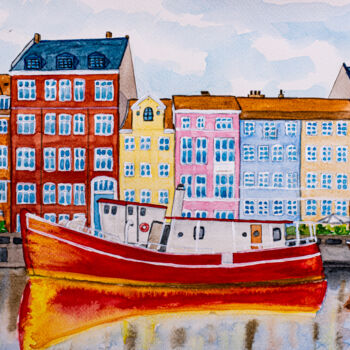 Malerei mit dem Titel "Copenhagen cityscap…" von Arina Yastrebova, Original-Kunstwerk, Aquarell