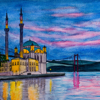 Malarstwo zatytułowany „Ortakoy Mosque, Ist…” autorstwa Arina Yastrebova, Oryginalna praca, Akwarela