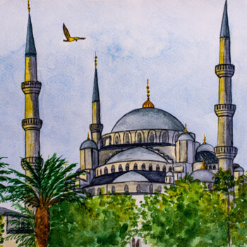Painting titled "Blue Mosque in Ista…" by Arina Yastrebova, Original Artwork, Watercolor