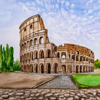 Pittura intitolato "Coliseum, Rome City…" da Arina Yastrebova, Opera d'arte originale, Acquarello