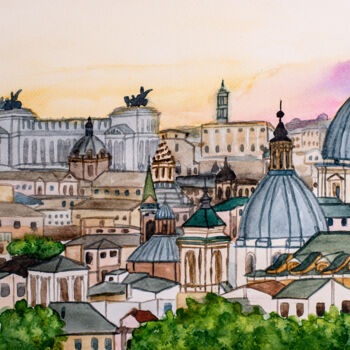 Peinture intitulée "Evening Rome Citysc…" par Arina Yastrebova, Œuvre d'art originale, Aquarelle