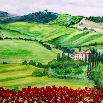 Peinture intitulée "Tuscany Vineyards,…" par Arina Yastrebova, Œuvre d'art originale, Aquarelle