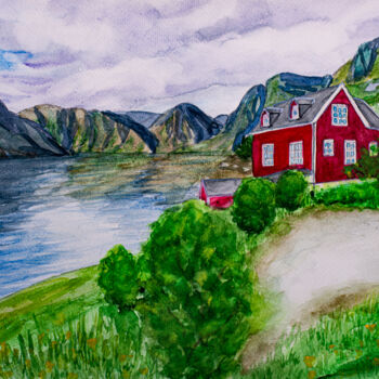 "Sognefjord, Red Hou…" başlıklı Tablo Arina Yastrebova tarafından, Orijinal sanat, Suluboya