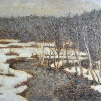 Painting titled "April. Desna river" by Arkady Shilenko, Original Artwork, Oil