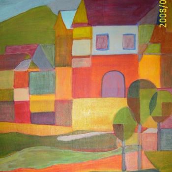 Malerei mit dem Titel "Dorfplatz" von Maria Olbrich, Original-Kunstwerk, Öl