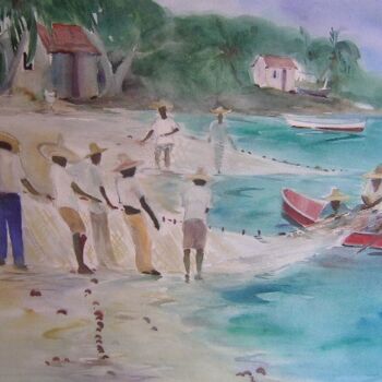 Painting titled "working the nets" by Arlette Fougeras Lavergnolle, Original Artwork
