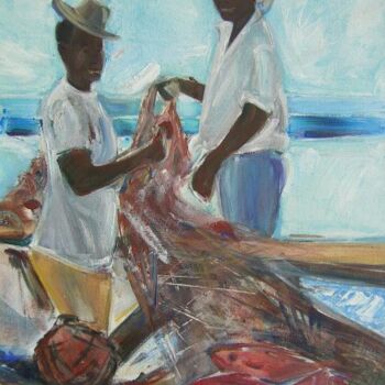 Pittura intitolato "the fishermen" da Arlette Fougeras Lavergnolle, Opera d'arte originale