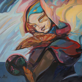 Schilderij getiteld "Girl with a fan" door Arman Bai, Origineel Kunstwerk, Olie