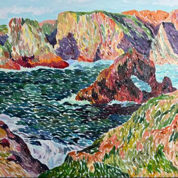 Pintura intitulada "Sea with rock." por Arman Khlghatyan, Obras de arte originais, Óleo Montado em Painel de madeira