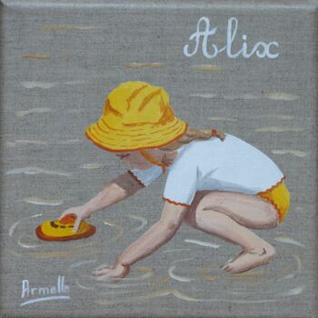 Painting titled "fillette au bateau" by Armelle Cailly, Original Artwork, Acrylic Mounted on Wood Stretcher frame