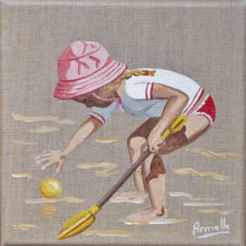 Painting titled "fillette à la balle…" by Armelle Cailly, Original Artwork, Acrylic Mounted on Wood Stretcher frame