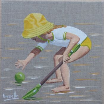 Painting titled "La balle verte" by Armelle Cailly, Original Artwork, Acrylic Mounted on Wood Stretcher frame