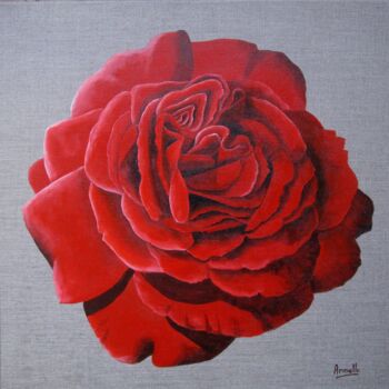 Painting titled "Rose rouge 1" by Armelle Cailly, Original Artwork, Acrylic Mounted on Wood Stretcher frame