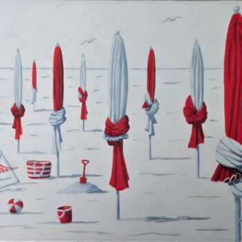 Peinture intitulée "parasols rouges sur…" par Armelle Cailly, Œuvre d'art originale, Acrylique Monté sur Châssis en bois