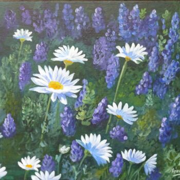 Painting titled "Marguerites et lupi…" by Armelle Cailly, Original Artwork, Acrylic Mounted on Wood Stretcher frame