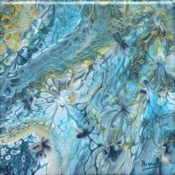 Painting titled "fleurs turquoise" by Armelle Cailly, Original Artwork, Acrylic Mounted on Wood Stretcher frame
