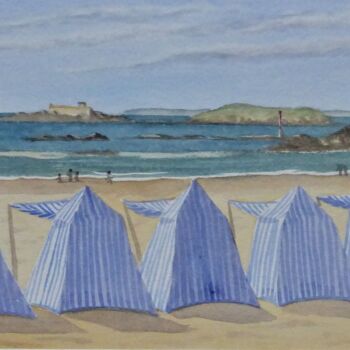 Painting titled "Dinard Tentes Point…" by Armelle Cailly, Original Artwork, Watercolor Mounted on Cardboard