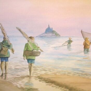 Painting titled "Pêche au dranet" by Armelle Cailly, Original Artwork, Watercolor Mounted on Cardboard