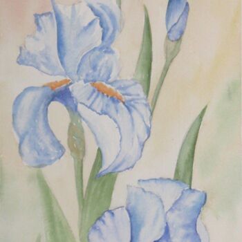 Malarstwo zatytułowany „3 iris bleus” autorstwa Armelle Cailly, Oryginalna praca, Akwarela Zamontowany na Karton