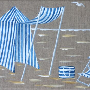 Peinture intitulée "tente et plage bleue" par Armelle Cailly, Œuvre d'art originale, Acrylique Monté sur Châssis en bois